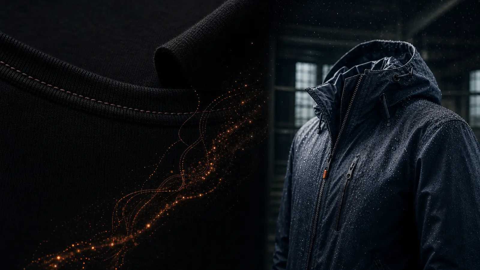 Technical outdoor jacket, T-shirt and polo fabric in a cinematic rain-lit production scene